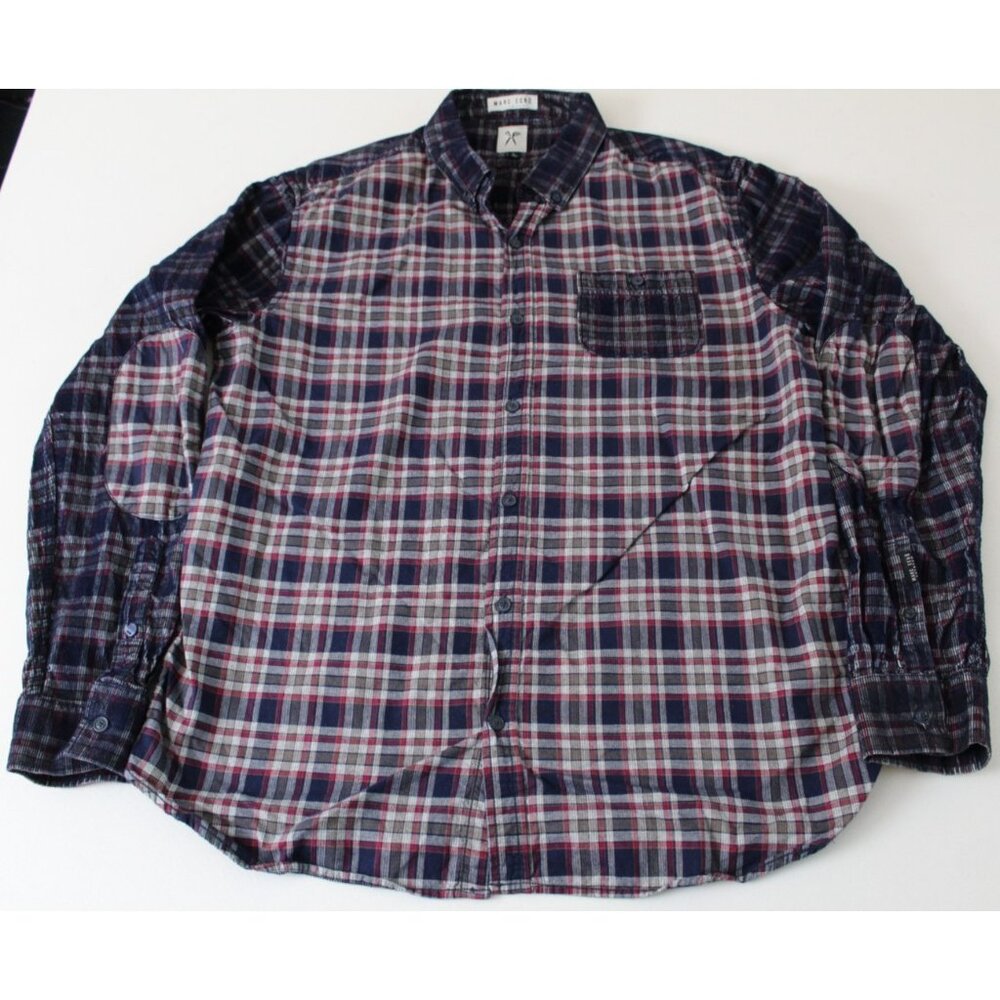 Marc Ecko Cut & Sew Mens L Plaid Button Down Shirt Corduroy Elbow Patches